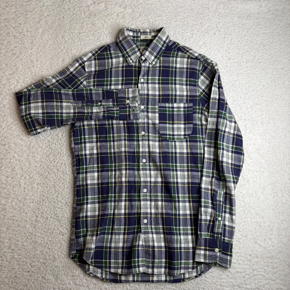J. Crew Indian Madras Shirt Mens Small Slim Fit Plaid Button Down Navy Green